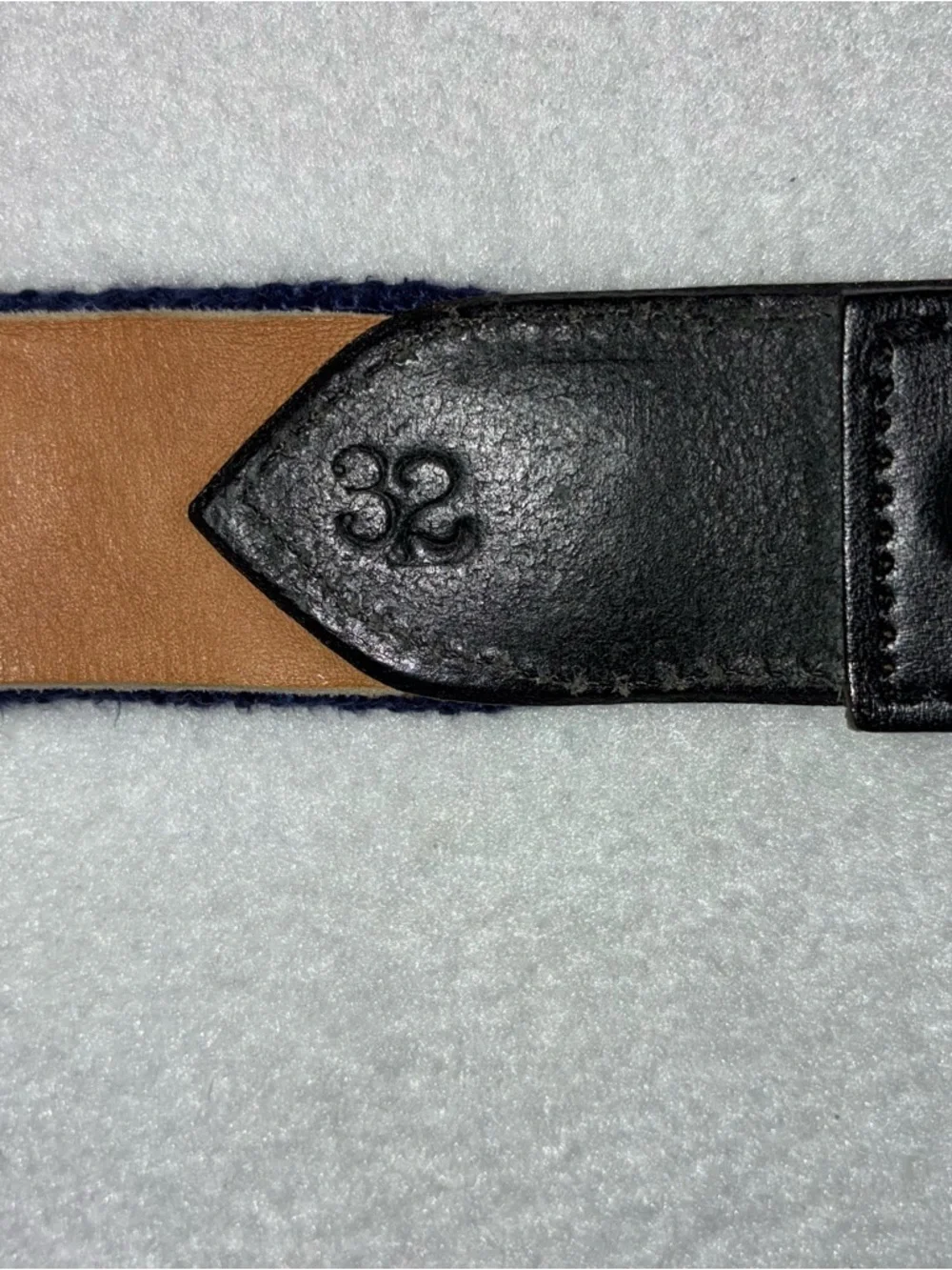 Men’s Embroidered Belt Navy Blue Green Size 32 Solid Brass Brown Leather Golf